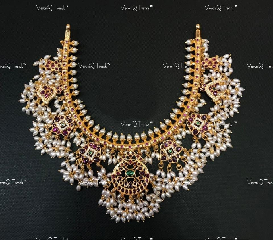 VeroniQ Trends-Temple South Indian Guttupusulu Silver Kundan Necklace Silver Kundan-Gold Plated-Wedding Jewellery-Punjabi Jewellery-South Indian-Thappa Jewellery