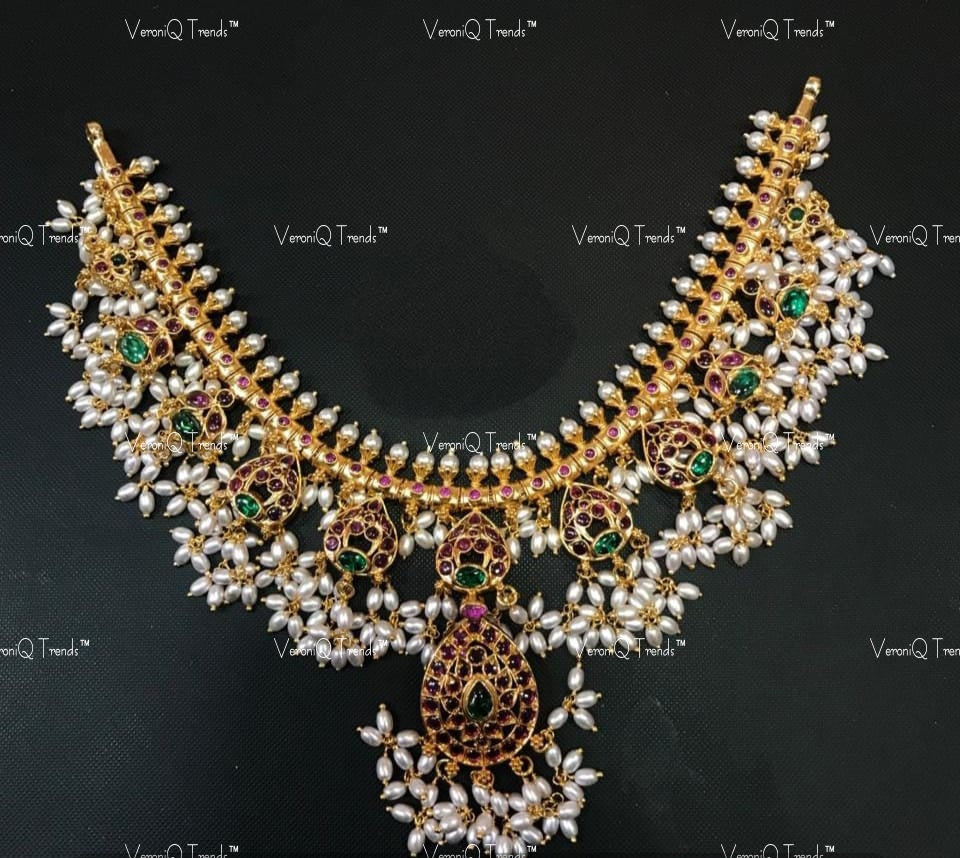 VeroniQ Trends-Temple South Indian Peacock Motif Guttupusulu Silver Kundan Necklace Silver Kundan-Gold Plated-Wedding Jewellery-Punjabi Jewellery-South Indian-Thappa Jewellery