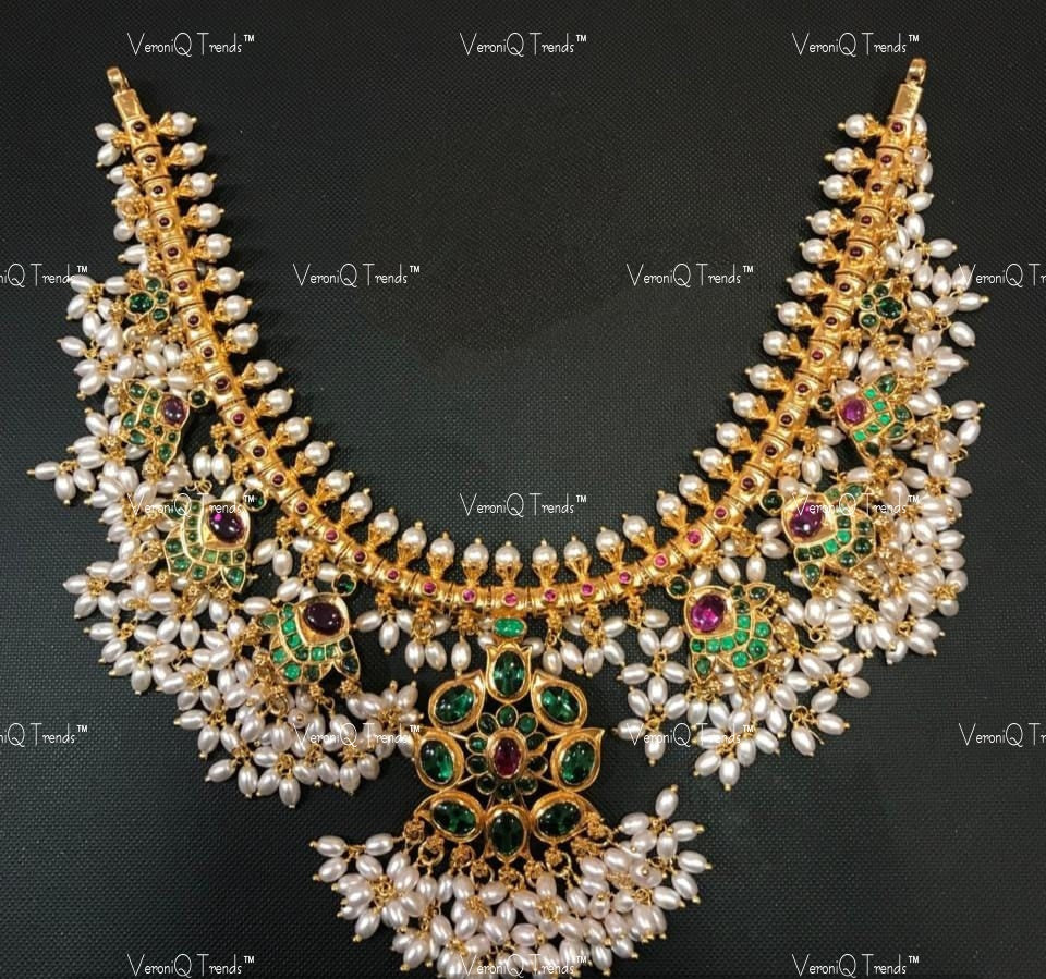 VeroniQ Trends-Traditional Floral South Indian Guttupusulu Silver Kundan Necklace Silver Kundan-Gold Plated-Wedding Jewellery-Punjabi Jewellery-South Indian-Thappa Jewellery