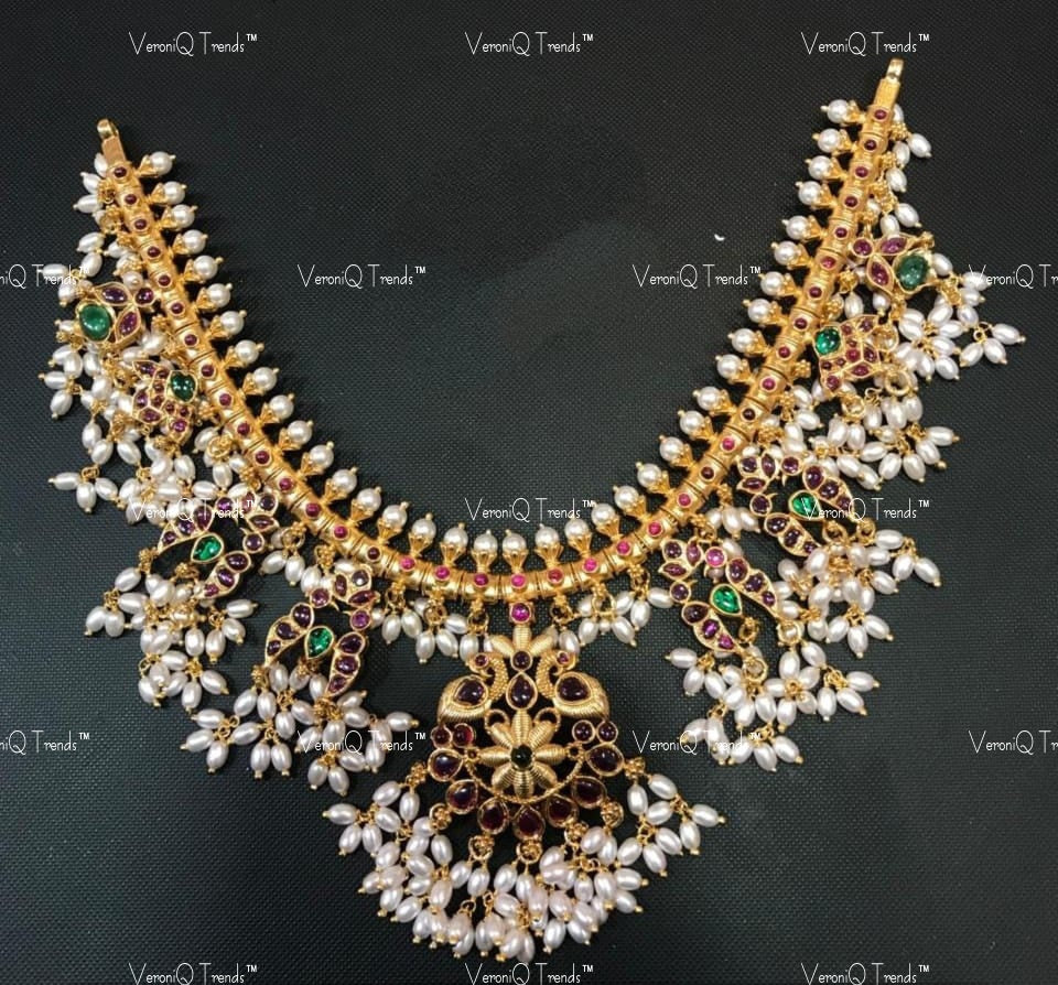 VeroniQ Trends-Peacock Design South Indian Guttupusulu Silver Kundan Necklace Silver Kundan-Gold Plated-Wedding Jewellery-Punjabi Jewellery-South Indian-Thappa Jewellery