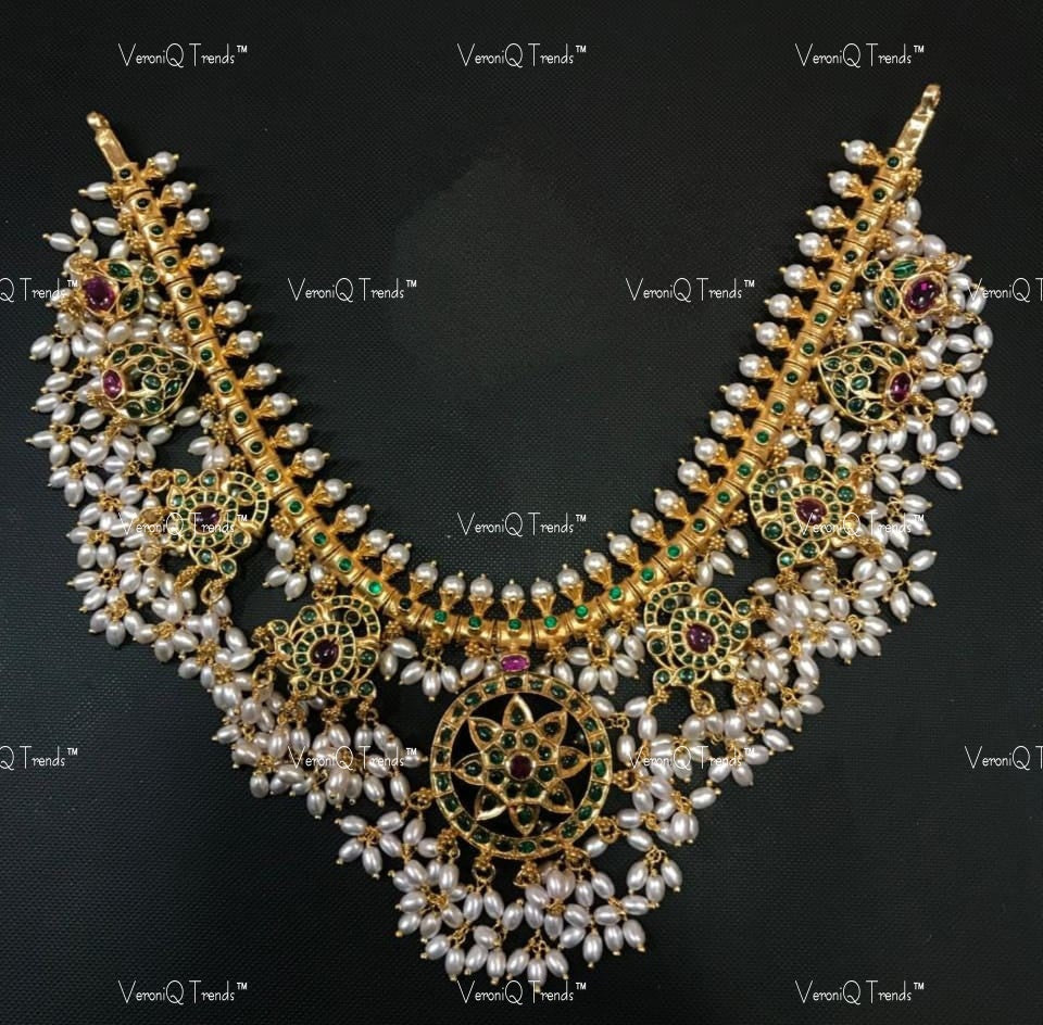 VeroniQ Trends-Traditional South Indian Guttupusulu Silver Kundan Necklace Silver Kundan-Gold Plated-Wedding Jewellery-Punjabi Jewellery-South Indian-Thappa Jewellery