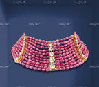VeroniQ Trends-Multistrand Blue And Pink Beaded Kundan Choker Necklace And Round Studs Kundan-Gold Plated-Wedding Jewelry-Punjabi Jewelry-South Indian-Thappa Jewelry