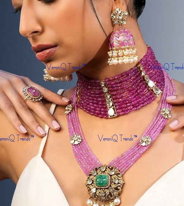 VeroniQ Trends-Victorian Emerald And Polki Long Silver Necklace 92.5 Silver Moissanite Diamond Polki-Gold Plated-Wedding Jewellery-Punjabi Jewellery-South Indian-Thappa Jewellery