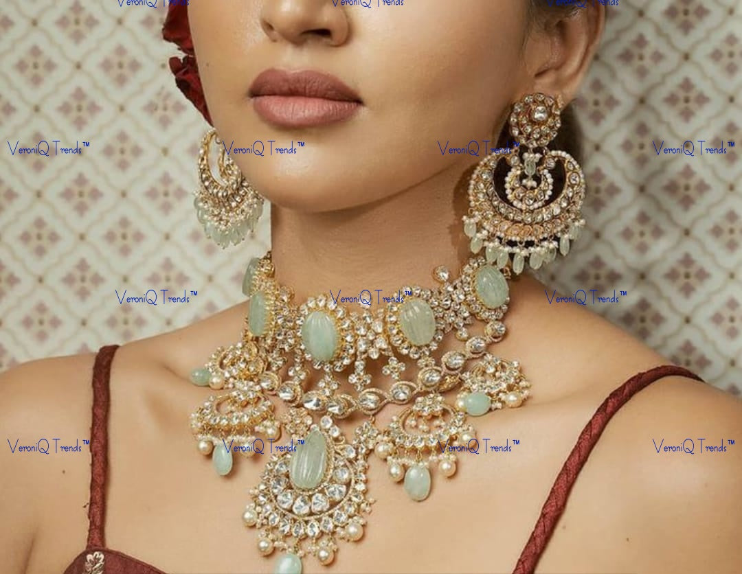 VeroniQ Trends-Mint Green Pumpkin Beads And Polki Choker Necklace Polki-Gold Plated-Wedding Jewellery-Punjabi Jewellery-South Indian-Thappa Jewellery