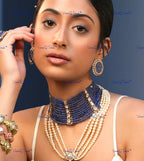 VeroniQ Trends-Multistrand Blue And Pink Beaded Kundan Choker Necklace And Round Studs Kundan-Gold Plated-Wedding Jewelry-Punjabi Jewelry-South Indian-Thappa Jewelry