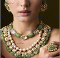 VeroniQ Trends-Emerald Green Carved Stone Pearl And Polki Necklace Polki-Gold Plated-Wedding Jewellery-Punjabi Jewellery-South Indian-Thappa Jewellery