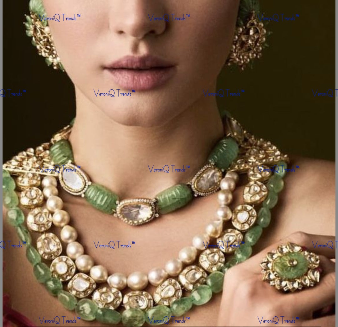 VeroniQ Trends-Emerald Green Carved Stone Pearl And Polki Necklace Polki-Gold Plated-Wedding Jewellery-Punjabi Jewellery-South Indian-Thappa Jewellery