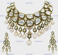 VeroniQ Trends-Green Carved Polki And Pearl Choker Necklace Polki-Gold Plated-Wedding Jewellery-Punjabi Jewellery-South Indian-Thappa Jewellery