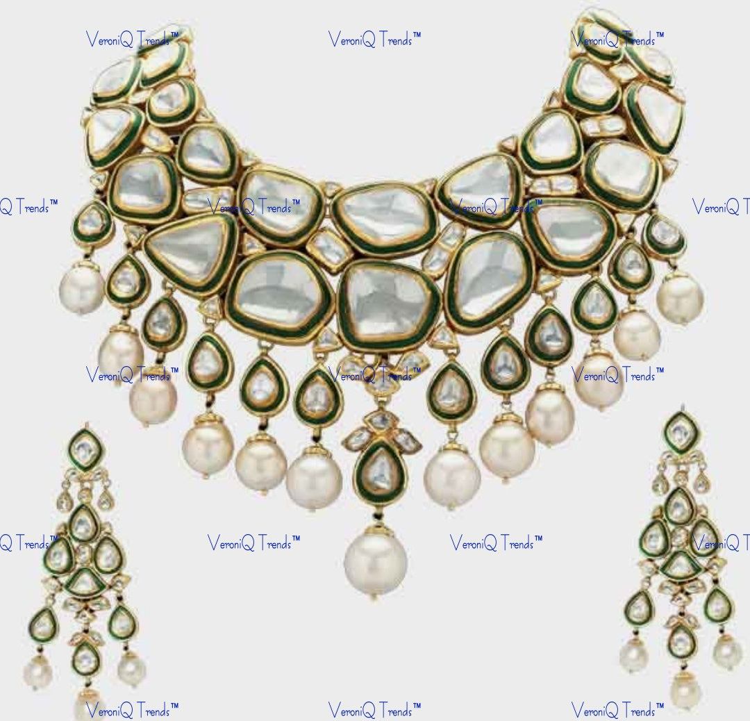 VeroniQ Trends-Green Carved Polki And Pearl Choker Necklace Polki-Gold Plated-Wedding Jewellery-Punjabi Jewellery-South Indian-Thappa Jewellery