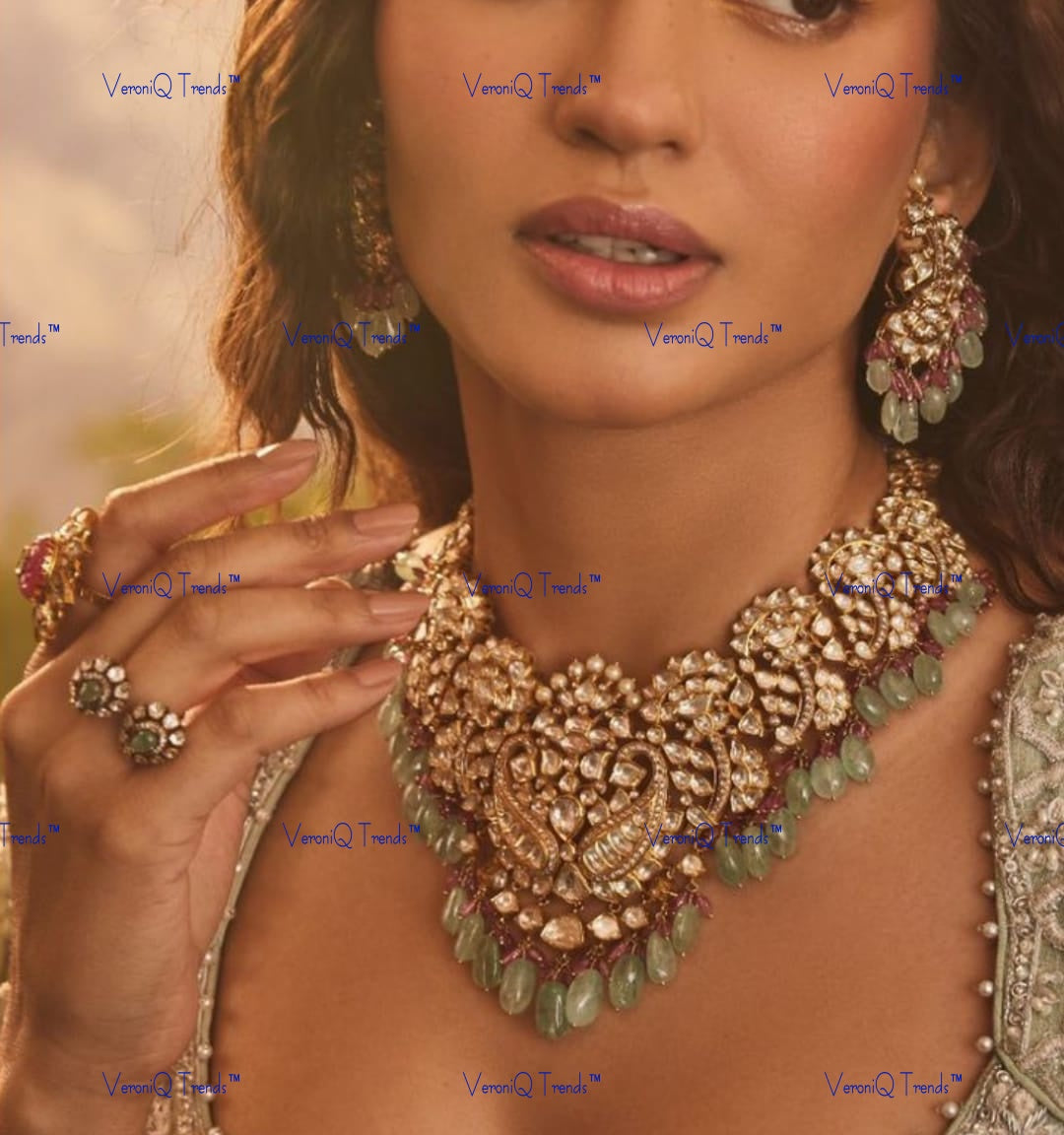 VeroniQ Trends-Traditional Peacock Design Pachi Kundan Necklace with Green Beads Pachi Kundan-Gold Plated-Wedding Jewellery-Punjabi Jewellery-South Indian-Thappa Jewellery