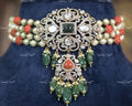 VeroniQ Trends-Victorian Emerald Carved Coral And Polki Silver Choker Necklace 92.5 Silver Moissanite Diamond Polki-Emerald Stone-Gold Plated-Wedding Jewellery-Punjabi Jewellery-South Indian-Thappa Jewellery