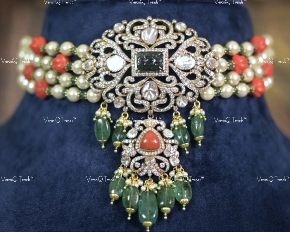 VeroniQ Trends-Victorian Emerald Carved Coral And Polki Silver Choker Necklace 92.5 Silver Moissanite Diamond Polki-Emerald Stone-Gold Plated-Wedding Jewellery-Punjabi Jewellery-South Indian-Thappa Jewellery