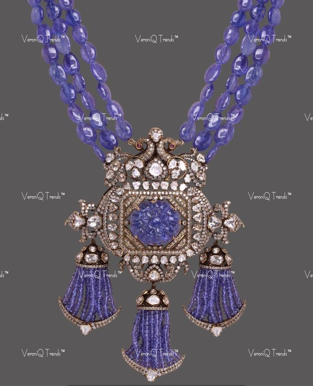 VeroniQ Trends-Victorian Sapphire And Polki Silver Necklace With Peacock Motif 92.5 Silver Moissanite Diamond Polki-Sapphire Stone-Gold Plated-Wedding Jewellery-Punjabi Jewellery-South Indian-Thappa Jewellery