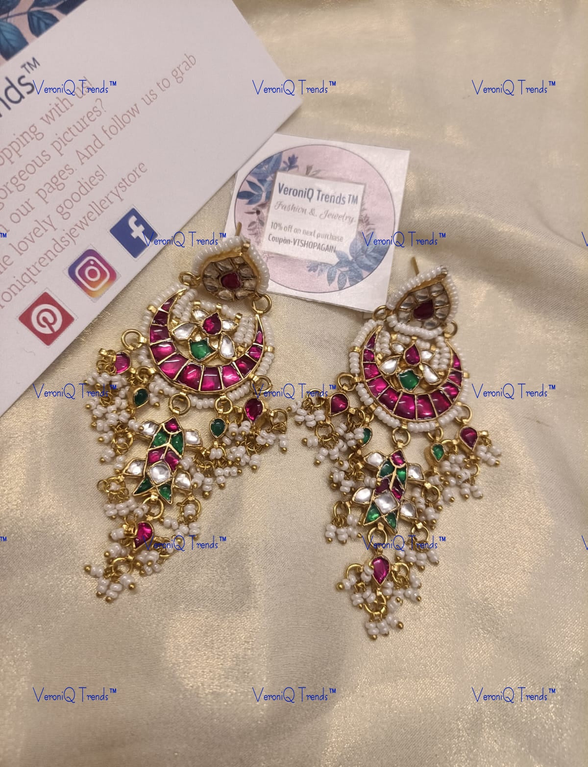 VeroniQ Trends-Traditional Chandbali Design Pachi Kundan Chandbali Earrings Pachi Kundan-Gold Plated-Wedding Jewellery-Punjabi Jewellery-South Indian-Thappa Jewellery