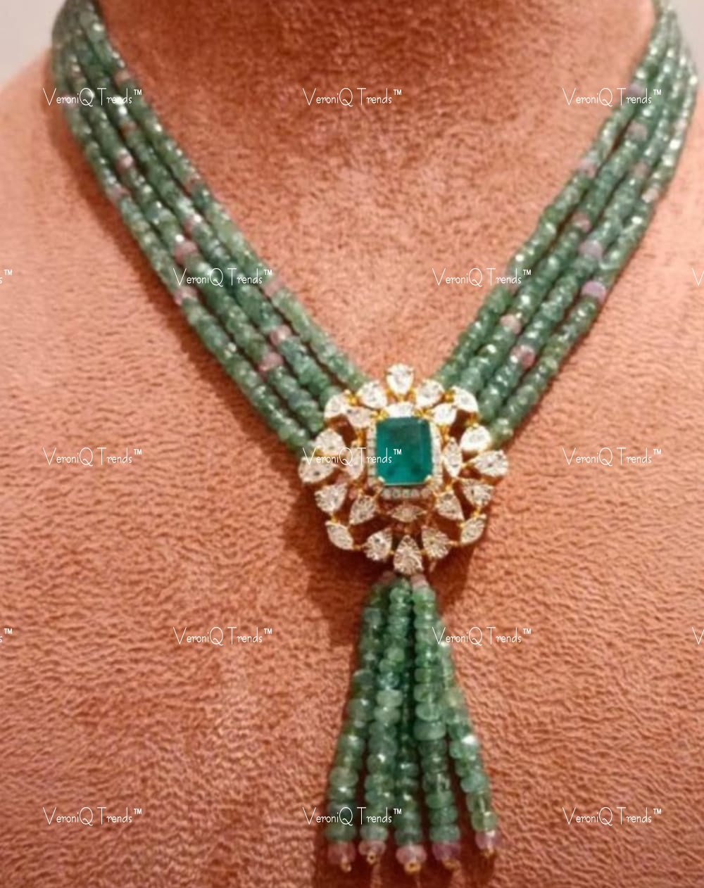 VeroniQ Trends-Multistrand Emerald And Polki Silver Mid Length Necklace 92.5 Silver Moissanite Diamond Polki-Emerald Stone-Gold Plated-Wedding Jewellery-Punjabi Jewellery-South Indian-Thappa Jewellery