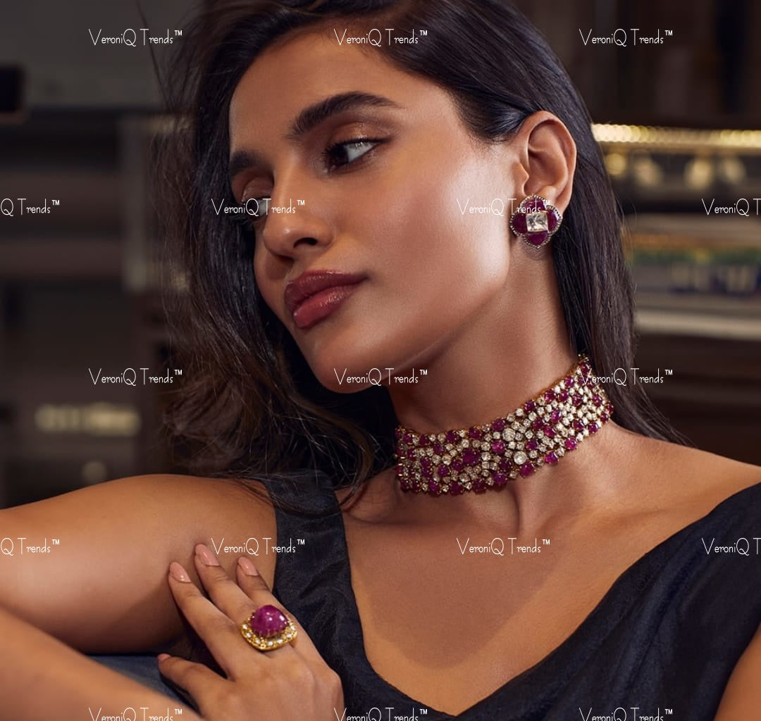 VeroniQ Trends-Cocktail Party Ruby And Polki Silver Choker Necklace 92.5 Silver Moissanite Diamond Polki-Ruby Stone-Gold Plated-Wedding Jewellery-Punjabi Jewellery-South Indian-Thappa Jewellery