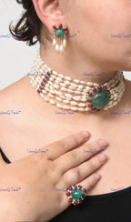 VeroniQ Trends-Multistrand Emerald Ruby Fresh Water Pearl And Polki Silver Choker Necklace 92.5 Silver Moissanite Diamond Polki-Emerald Stone-Ruby Stone-Gold Plated-Wedding Jewelry-Punjabi Jewelry-South Indian-Thappa Jewelry