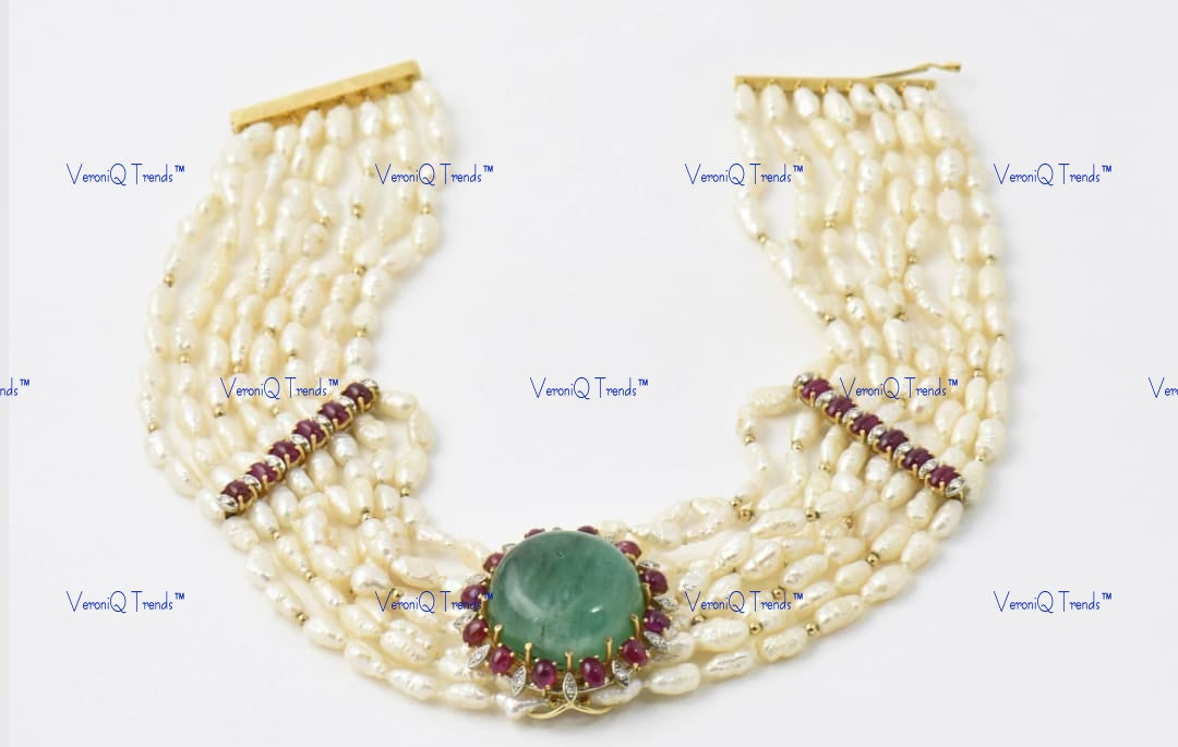 VeroniQ Trends-Multistrand Emerald Ruby Fresh Water Pearl And Polki Silver Choker Necklace 92.5 Silver Moissanite Diamond Polki-Emerald Stone-Ruby Stone-Gold Plated-Wedding Jewellery-Punjabi Jewellery-South Indian-Thappa Jewellery