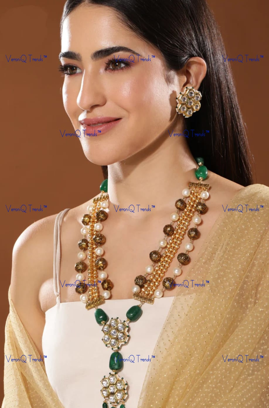 VeroniQ Trends-Gold Plated Multistrand Emerald Green Beads And Polki Long Necklace Polki-Gold Plated-Wedding Jewellery-Punjabi Jewellery-South Indian-Thappa Jewellery