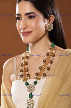 VeroniQ Trends-Gold Plated Multistrand Emerald Green Beads And Polki Long Necklace Polki-Gold Plated-Wedding Jewelry-Punjabi Jewelry-South Indian-Thappa Jewelry