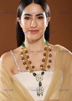 VeroniQ Trends-Gold Plated Multistrand Emerald Green Beads And Polki Long Necklace Polki-Gold Plated-Wedding Jewelry-Punjabi Jewelry-South Indian-Thappa Jewelry