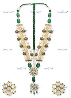 VeroniQ Trends-Gold Plated Multistrand Emerald Green Beads And Polki Long Necklace Polki-Gold Plated-Wedding Jewelry-Punjabi Jewelry-South Indian-Thappa Jewelry