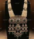 VeroniQ Trends-Victorian Multistrand Emerald And Polki Silver Long Necklace With Peacock Motif 92.5 Silver Moissanite Diamond Polki-Gold Plated-Wedding Jewellery-Punjabi Jewellery-South Indian-Thappa Jewellery