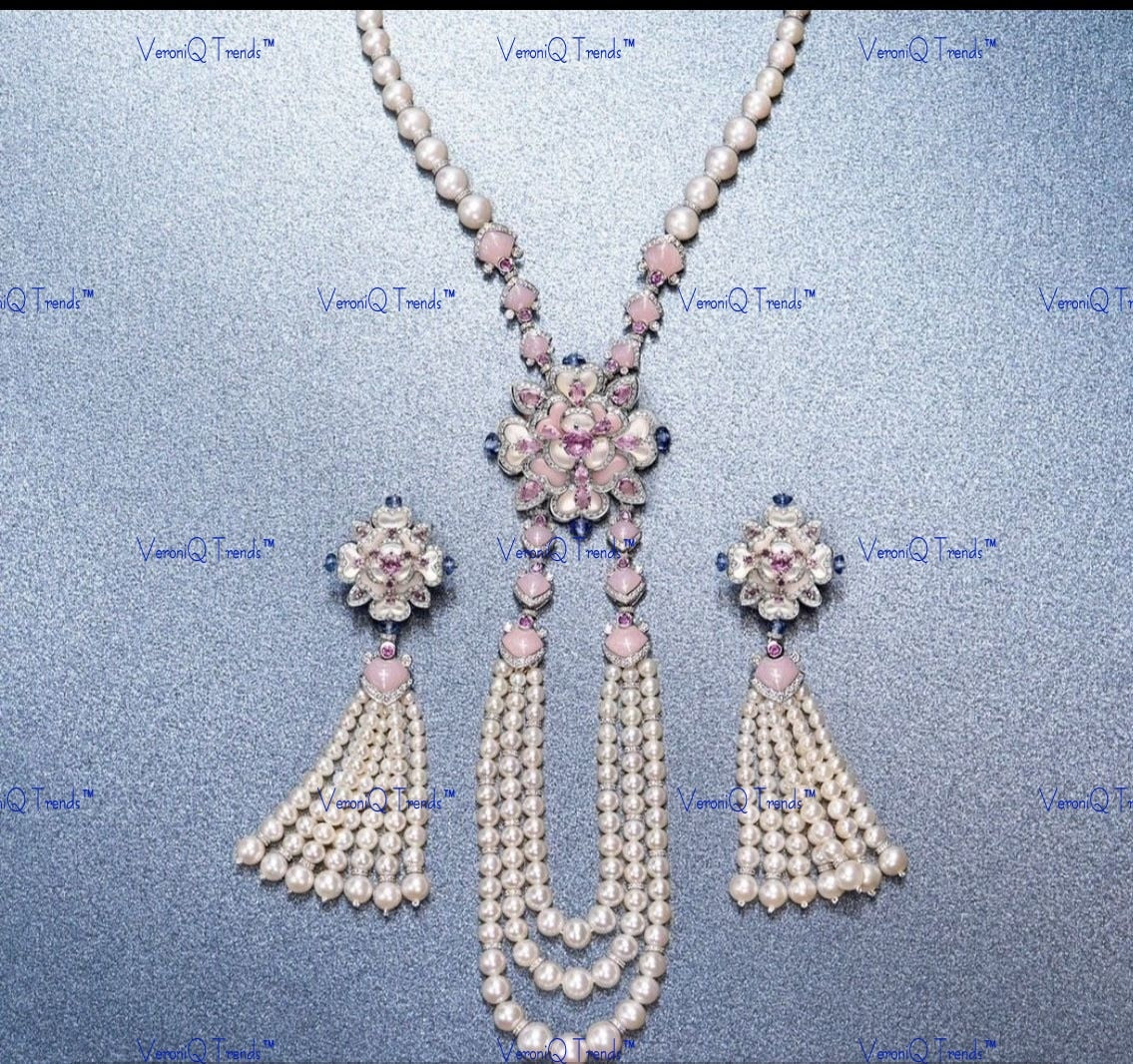VeroniQ Trends-Designer Floral Pearl Silver Long Necklace Silver CZ-Gold Plated-Wedding Jewellery-Punjabi Jewellery-South Indian-Thappa Jewellery