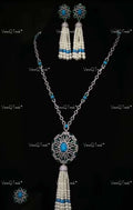 VeroniQ Trends-Designer Elegant Turquoise Stone Pearl AD Silver CZ Necklace Silver CZ-Gold Plated-Wedding Jewellery-Punjabi Jewellery-South Indian-Thappa Jewellery