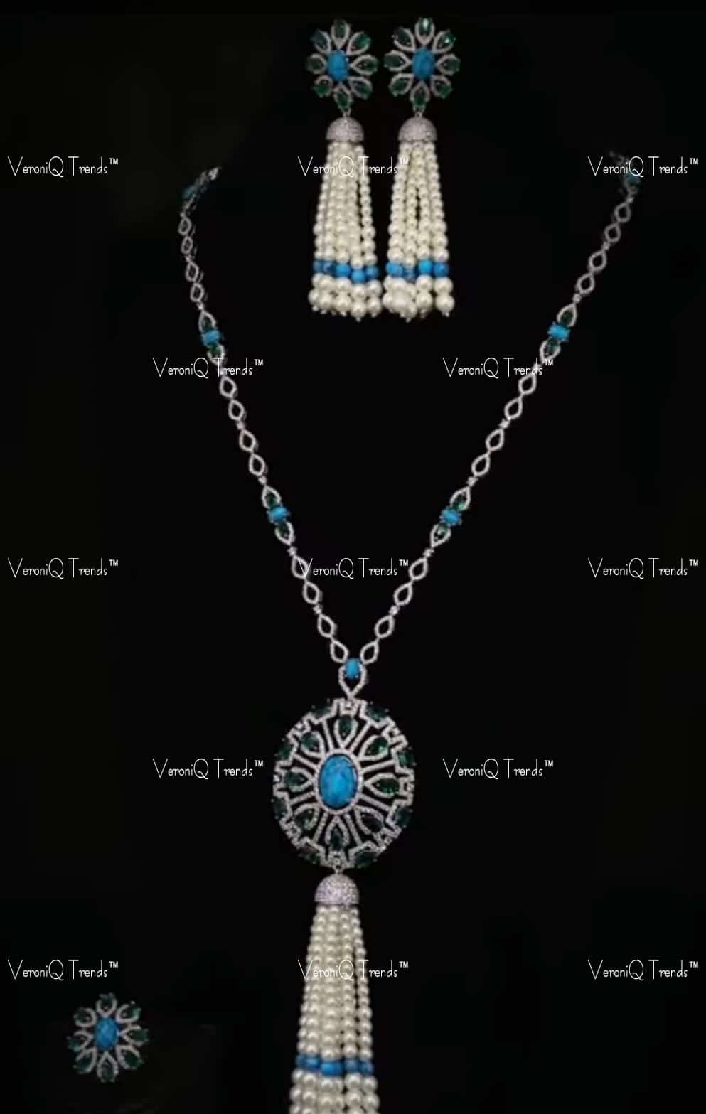 VeroniQ Trends-Designer Elegant Turquoise Stone Pearl AD Silver CZ Necklace Silver CZ-Gold Plated-Wedding Jewellery-Punjabi Jewellery-South Indian-Thappa Jewellery