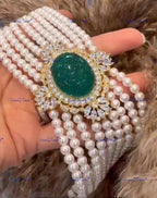 VeroniQ Trends-Contemporary Design Multi-Line Emerald Green Carved Stone AD Choker Necklace American Diamond-Gold Plated-Wedding Jewelry-Punjabi Jewelry-South Indian-Thappa Jewelry