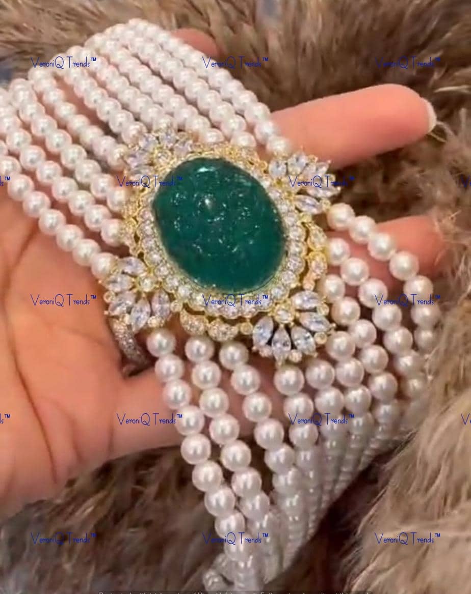 VeroniQ Trends-Contemporary Design Multi-Line Emerald Green Carved Stone AD Choker Necklace American Diamond-Gold Plated-Wedding Jewellery-Punjabi Jewellery-South Indian-Thappa Jewellery