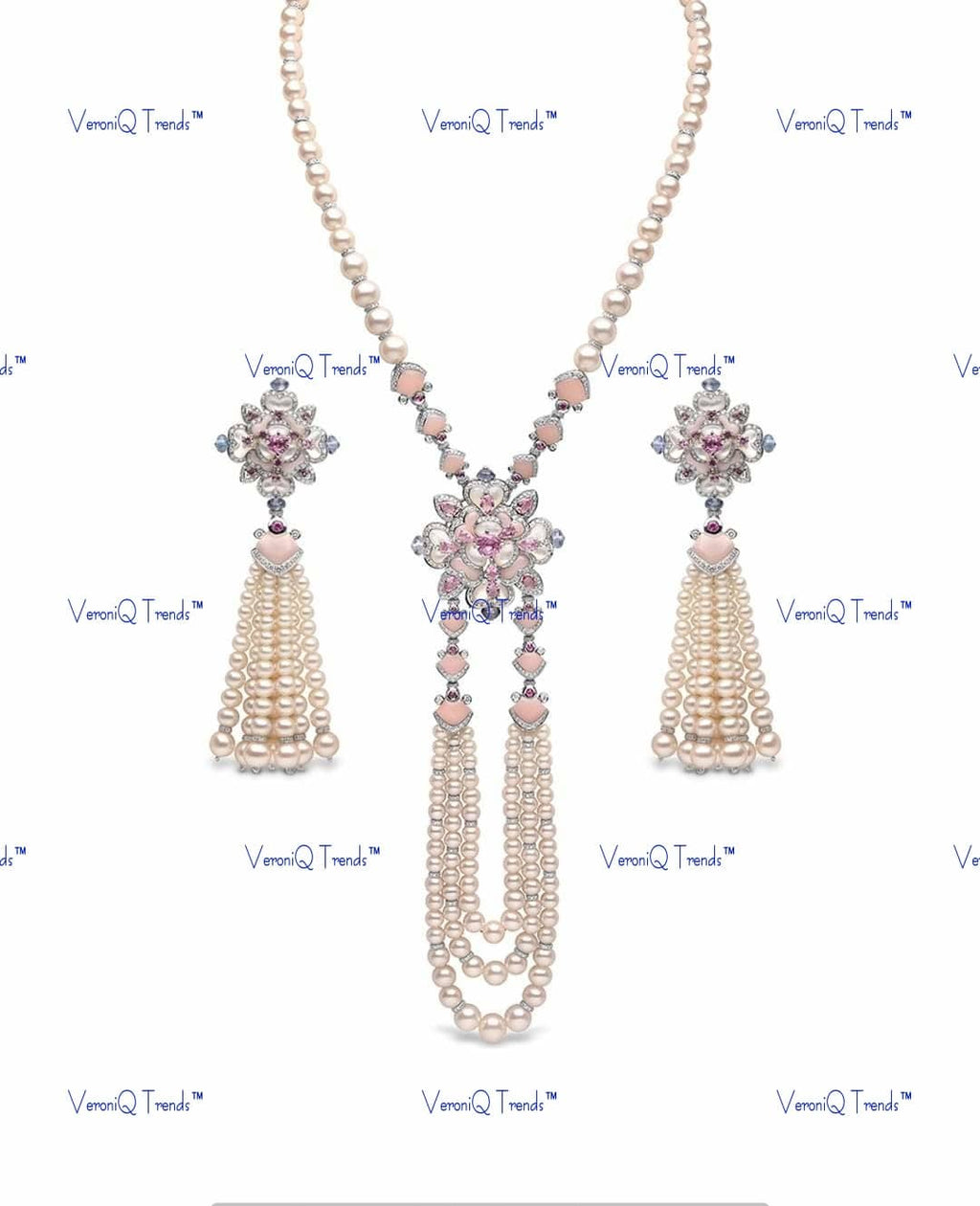 VeroniQ Trends-Designer Floral Pearl Silver Long Necklace Silver CZ-Gold Plated-Wedding Jewellery-Punjabi Jewellery-South Indian-Thappa Jewellery