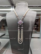 VeroniQ Trends-Designer Floral Pearl Silver Long Necklace Silver CZ-Gold Plated-Wedding Jewelry-Punjabi Jewelry-South Indian-Thappa Jewelry