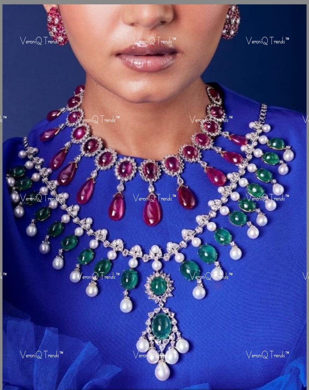 VeroniQ Trends-Contemporary Designer Multistrand Emerald And Ruby Stone And Pearl Silver Necklace Silver CZ-Gold Plated-Wedding Jewellery-Punjabi Jewellery-South Indian-Thappa Jewellery