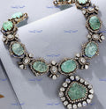 VeroniQ Trends-Elegant Multistrand Carved Emerald Stone And Polki Silver Necklace 92.5 Silver Moissanite Diamond Polki-Gold Plated-Wedding Jewellery-Punjabi Jewellery-South Indian-Thappa Jewellery