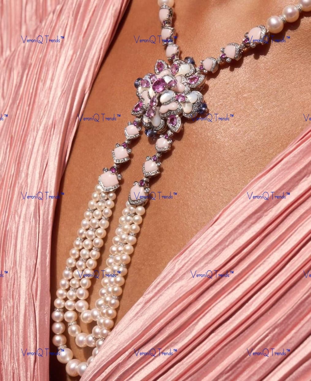 VeroniQ Trends-Designer Floral Pearl Silver Long Necklace Silver CZ-Gold Plated-Wedding Jewellery-Punjabi Jewellery-South Indian-Thappa Jewellery