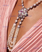 VeroniQ Trends-Designer Floral Pearl Silver Long Necklace Silver CZ-Gold Plated-Wedding Jewelry-Punjabi Jewelry-South Indian-Thappa Jewelry