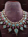 VeroniQ Trends-Contemporary Designer Turquoise And Ruby Silver Necklace Silver CZ-Gold Plated-Wedding Jewellery-Punjabi Jewellery-South Indian-Thappa Jewellery
