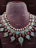 VeroniQ Trends-Contemporary Designer Turquoise And Ruby Silver Necklace Silver CZ-Gold Plated-Wedding Jewelry-Punjabi Jewelry-South Indian-Thappa Jewelry
