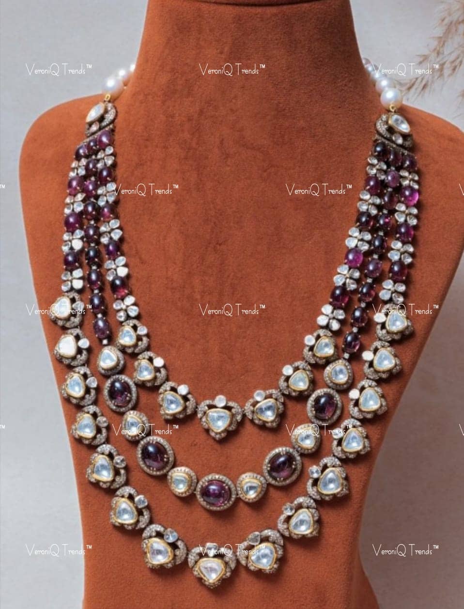 VeroniQ Trends-Designer Multilayer Ruby Stone Silver Long Necklace 92.5 Silver Moissanite Diamond Polki-Gold Plated-Wedding Jewellery-Punjabi Jewellery-South Indian-Thappa Jewellery