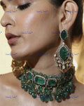 VeroniQ Trends-Contemporary Designer Emerald Stone And Beads Silver Choker Necklace Silver CZ-Gold Plated-Wedding Jewellery-Punjabi Jewellery-South Indian-Thappa Jewellery