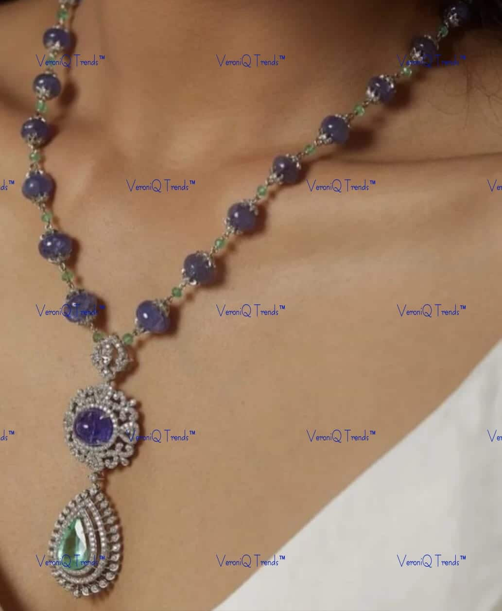 VeroniQ Trends-Designer Single Line Sapphire Stone And Beads Silver Necklace Silver CZ-Gold Plated-Wedding Jewellery-Punjabi Jewellery-South Indian-Thappa Jewellery