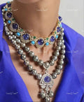 VeroniQ Trends-Designer Multi-Line Sapphire Stone And Beads Silver Necklace Silver CZ-Gold Plated-Wedding Jewellery-Punjabi Jewellery-South Indian-Thappa Jewellery