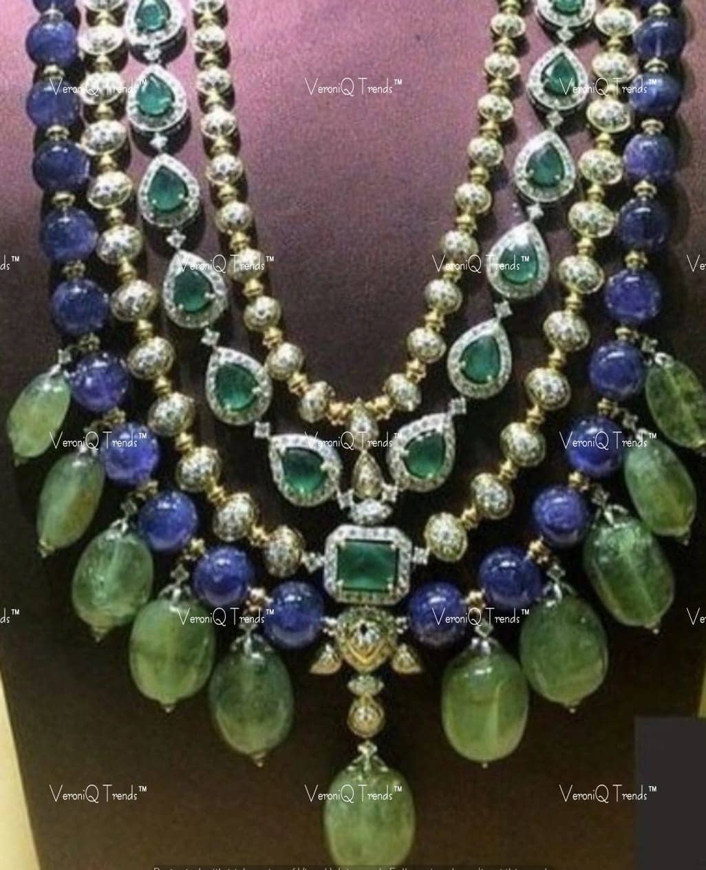 VeroniQ Trends-Designer Bridal Multi-Line Emerald Stone Sapphire Quartz Beads Silver CZ Long Necklace Silver CZ-Gold Plated-Wedding Jewellery-Punjabi Jewellery-South Indian-Thappa Jewellery