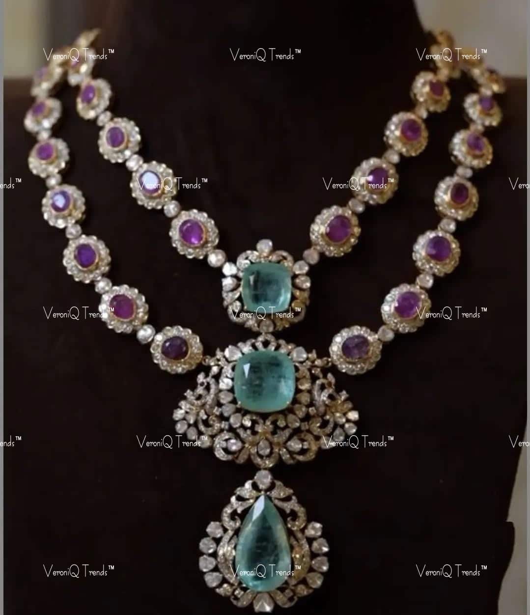 VeroniQ Trends-Designer Double-Line Ruby And Emerald Silver Necklace 92.5 Silver Moissanite Diamond Polki-Emerald Stone-Ruby Stone-Gold Plated-Wedding Jewellery-Punjabi Jewellery-South Indian-Thappa Jewellery