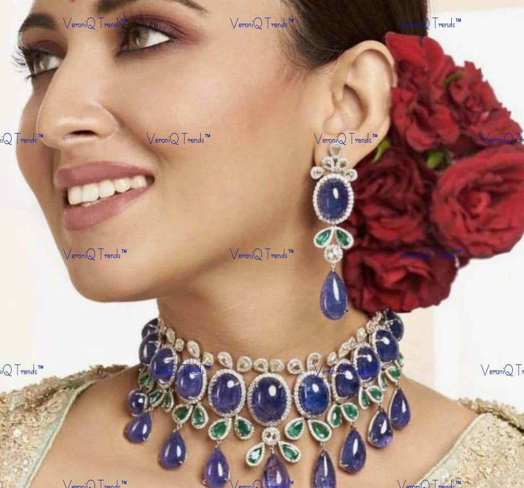 VeroniQ Trends-Designer Single-Line Sapphire Stone Silver CZ Choker Necklace Silver CZ-Gold Plated-Wedding Jewellery-Punjabi Jewellery-South Indian-Thappa Jewellery