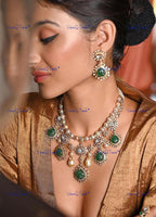 VeroniQ Trends-Elegant Emerald Carved Stone And Pearl Silver Necklace 92.5 Silver Moissanite Diamond Polki-Emerald Stone-Gold Plated-Wedding Jewelry-Punjabi Jewelry-South Indian-Thappa Jewelry