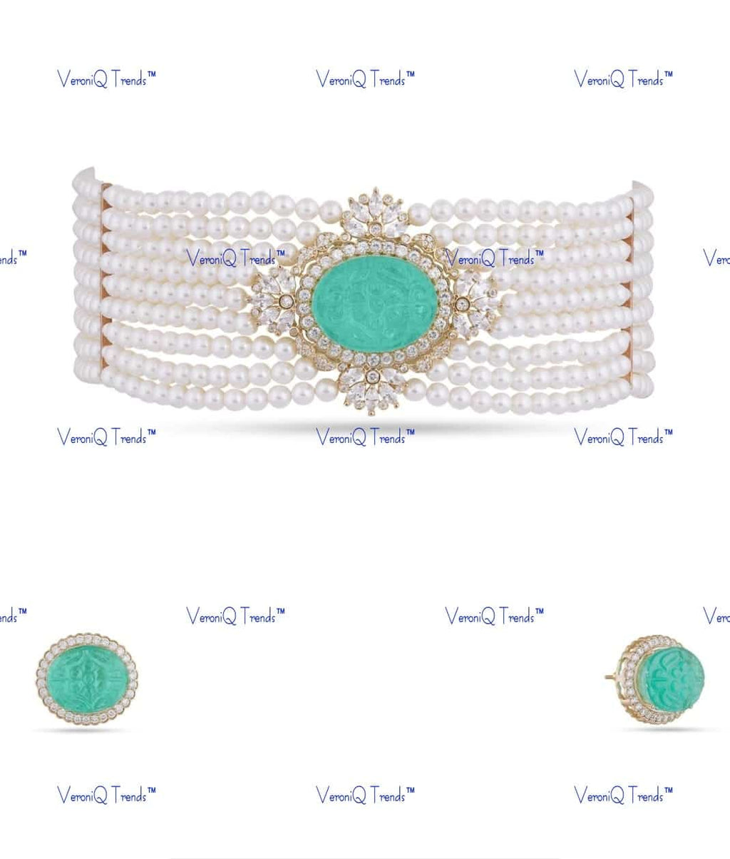 VeroniQ Trends-Contemporary Design Multi-Line Emerald Green Carved Stone AD Choker Necklace American Diamond-Gold Plated-Wedding Jewellery-Punjabi Jewellery-South Indian-Thappa Jewellery