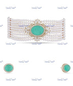 VeroniQ Trends-Contemporary Design Multi-Line Emerald Green Carved Stone AD Choker Necklace American Diamond-Gold Plated-Wedding Jewelry-Punjabi Jewelry-South Indian-Thappa Jewelry